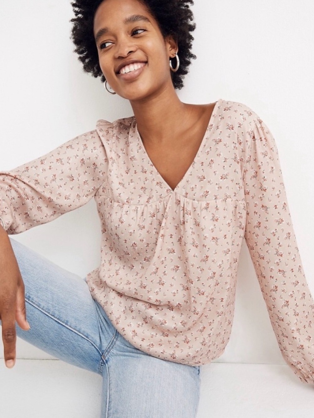 Madewell Blush Floral V-Neck Long Sleeve Blouse